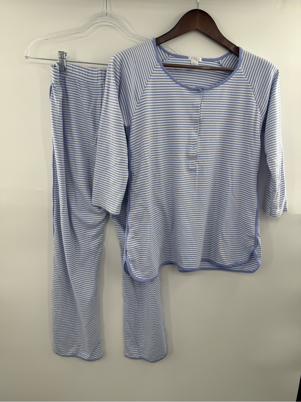 LAKE Pajamas Women Size Small Hydrangea Blue Stripe Pima Cotton Henley Pants Set
